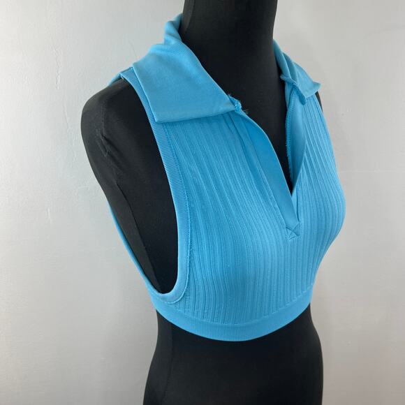 Out From Under Urban Outfitters Sleeveless Crop Top Blue Ribbed Collared Sz M/L - Picture 4 of 8